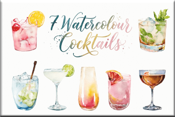 7 Watercolor Cocktail Clipart Bundle PNG: Illustrations & Graphics