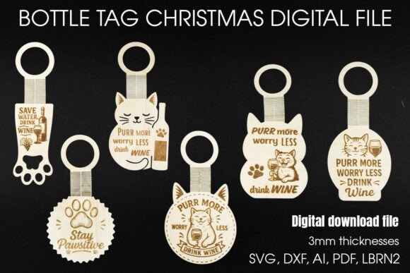 Cat Wine Bottle Tags SVG Bundle: Laser Cutting & Home Decor