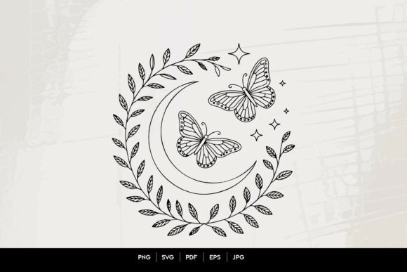 Celestial Butterfly Moon Wreath Line Art