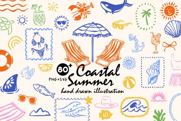 Coastal Summer Beach Illustration Graphics & Illustrations