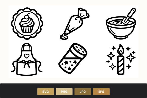 Cupcake Plate Piping Bag Cooking Icons: Black & White Illustrations