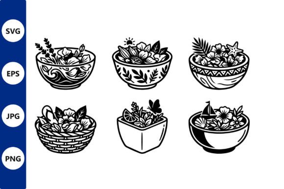 Decorative Flower Bowls in a Line Vector: Graphics & Illustrations