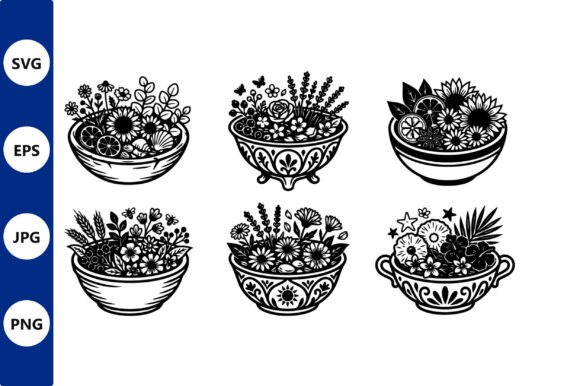 Ornate Floral Bowl Illustrations Set: Graphics & Illustrations