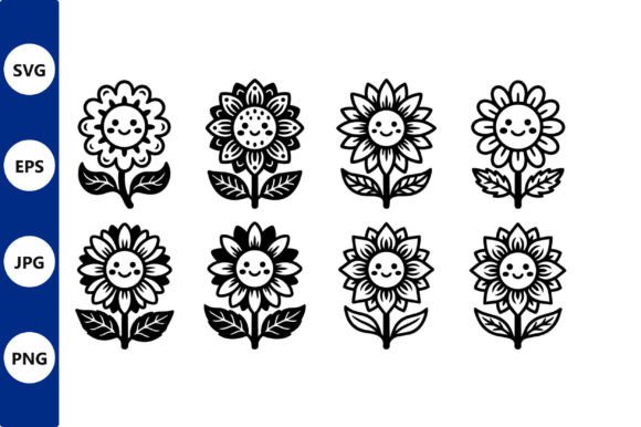 Smiling Sunflowers Line Art Set: Graphics & Illustrations