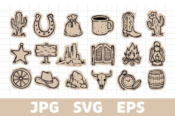 Vintage Wild West Scrapbook Sticker Set: Graphics & Illustrations