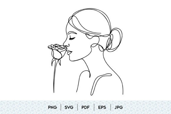 Woman Smelling Rose Line Art: Editorial Graphics & Illustrations