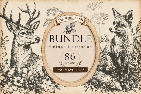 Woodland Ink Illustration Bundle: Vintage Forest Graphics & Illustrations